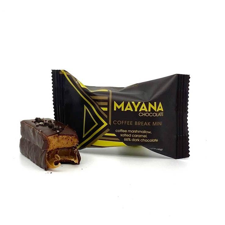 Mayana Chocolate | Mini Coffee Break Bar | A dark package with gold accents"Mayana chocolate, coffee break mini, coffee marshmallow, salted caramel, 66% dark chocolate