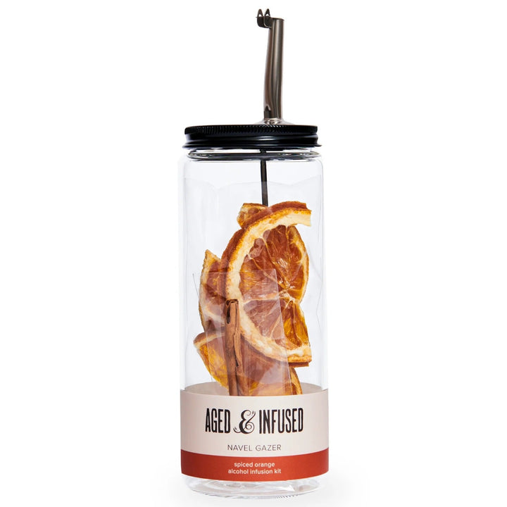 Aged & Infused | Navel Glazer, spiced orange, Alcohol infusion kit. Clear jar with dehydrated oranges, and cinnamon visible through the glass. Black lid with pouring spout.