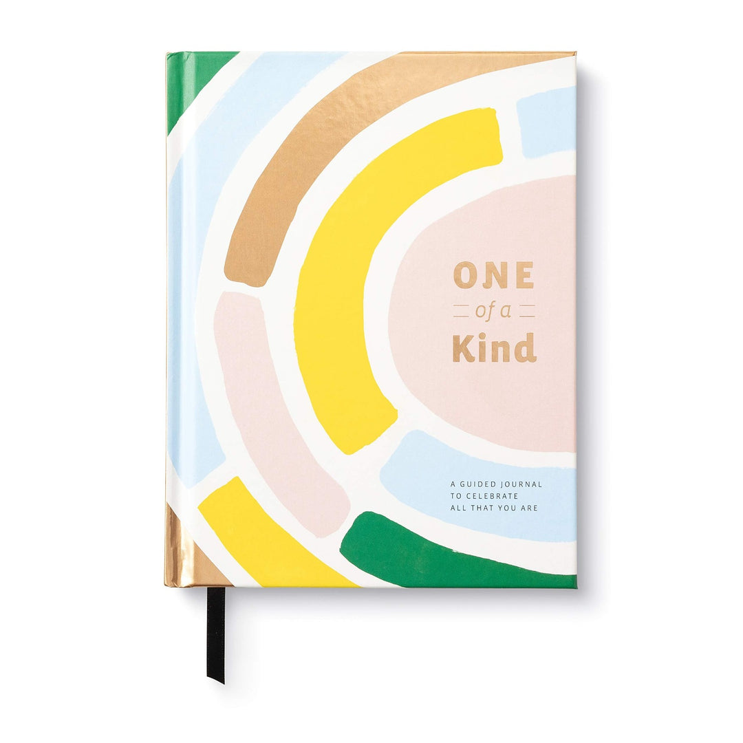 One Of A Kind - A Guided Journal To Celebrate All That You Are | An abstract green, blue, orange, pink, and yellow cover.