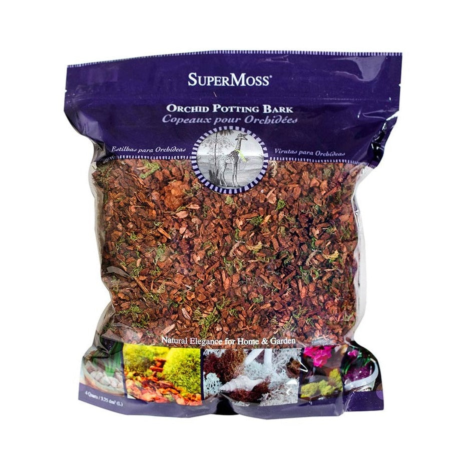Orchid Potting Mix | Purple packaging with a clear window to see the potting mix. Images off moss in use at the bottom of the bag. 4 quarts.