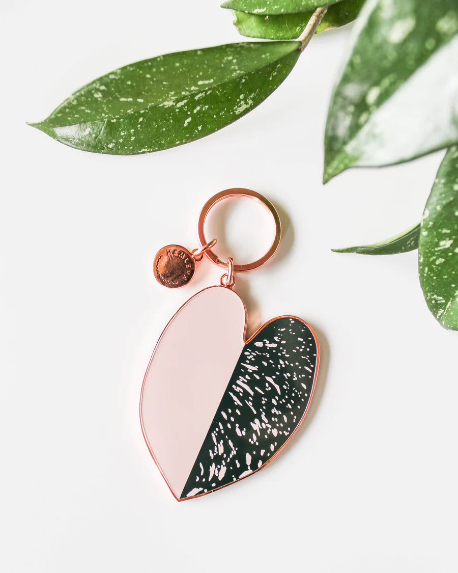 Hemleva Keychains | Pink Princess plant leaf, green with pink speckles on the right side and solid pink on the other. Accented with rose gold key ring.