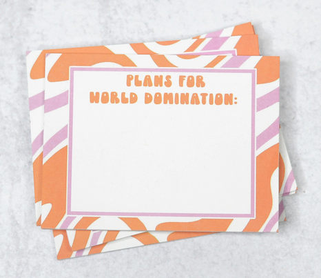 Assorted Sticky Notes | Plans For World Domination: | The outside of these sticky notes are decorated with orange, purple, and white marble pattern.