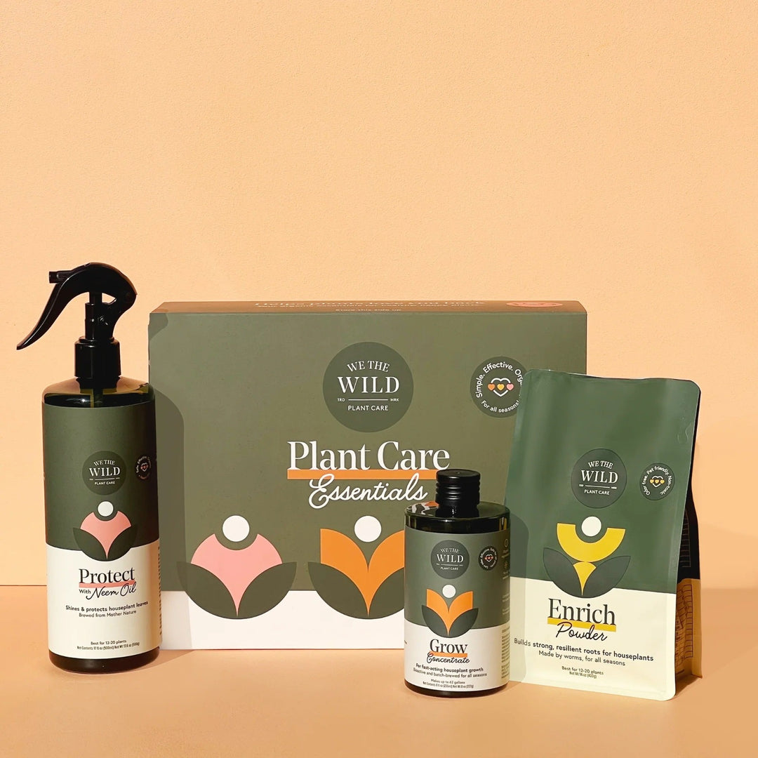 Plant Care Essentials | We the Wild | Green, white, yellow, pink, and orange packaging. Photo shows the "Protect" Neem Oil, "Grow" Concentrate, "Enrich" Powder.