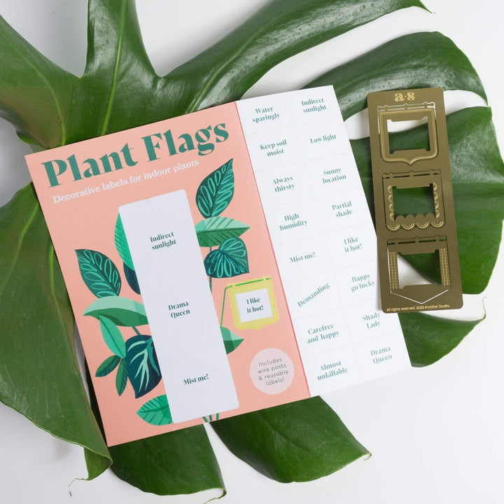 Plant Flags | Metal square labels with replaceable paper saying such as "Indirect sunlight" "Drama Queen" "Mist me!" "I like it hot!" and 16 others. Open packaging showcasing the sayings and pink packaging with illustrated plants.