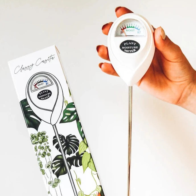 Plant Moisture Meter | The meter is a classy white with an easy to read dial. The box is white with botanical illustrations and says Classy Casita at the top. Both items are being held up against a white background.