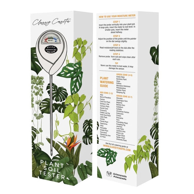 Plant Moisture Meter | The front of the box is white with botanical illustrations, the back is white with step by step instructions on how to use, as well as a plant watering guide the coincides with the meter.