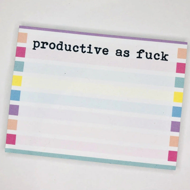 Assorted Sticky Notes | productive as fuck | Decorated with colorful lines and squares at the border. Text is in black.