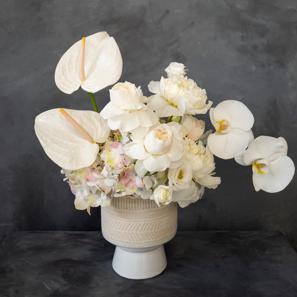 White floral arrangement of garden roses orchids and hydrangeas in a ceramic vase. Sympathy flower delivery Rochester NY | Rochester NY Florist 