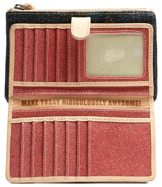 Rattler Slim Wallet | Opened wallet showing the sparkly pink interior with nude accents and reads "Make Today Ridiculously Awesome!". Room for at least 16 cards. 