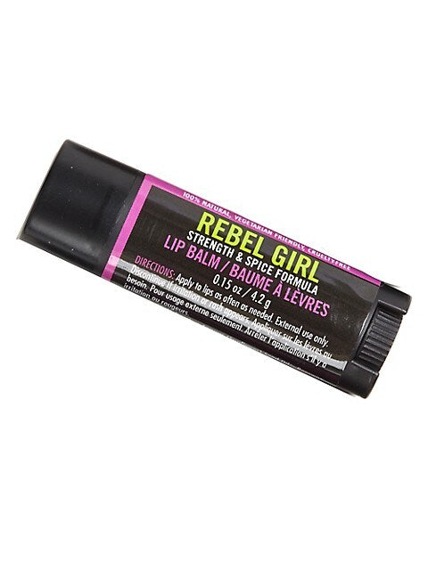 Rebel Girl Lip Balm | Walton Wood Farm | Rebel Girl strength & spice formula, 0.15oz/4.2g. Black package with pink and yellow accents.