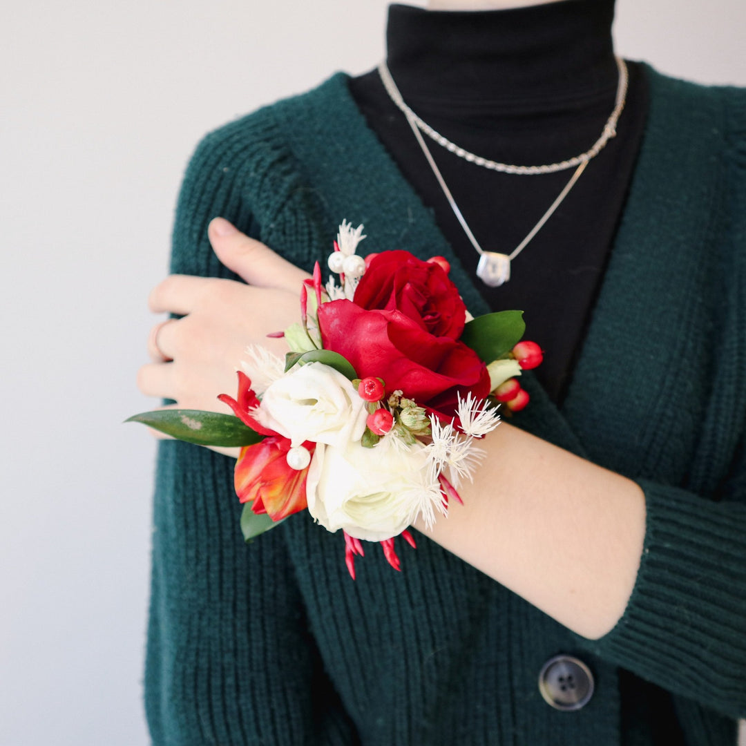 what color corsage with red dress Burgundy Rose Shoulder Corsage