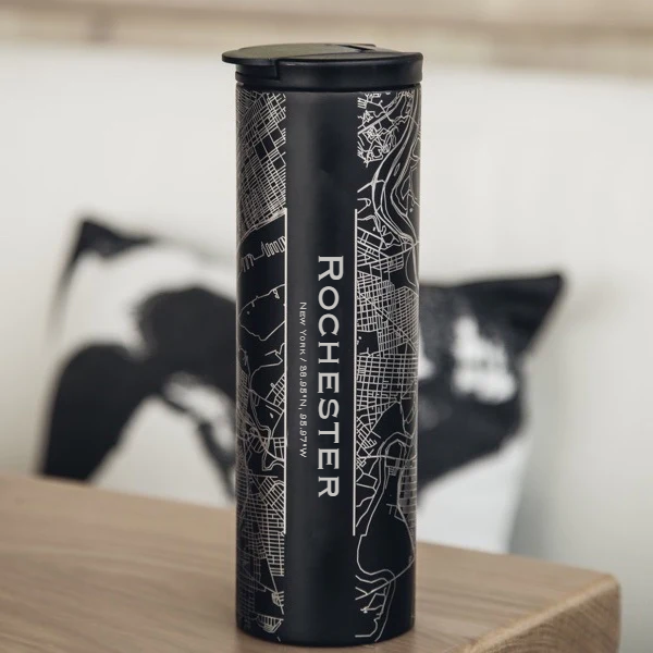 Rochester NY Map Tumbler | A tall matte black tumbler with the Rochester NY. Rochester NY Map in silver along with the city coordinates. 