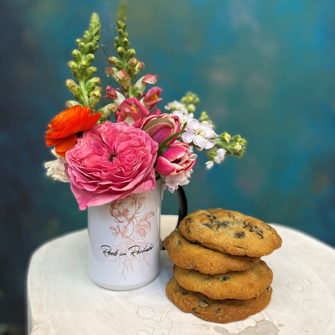 mug of flowers with cookies delivered