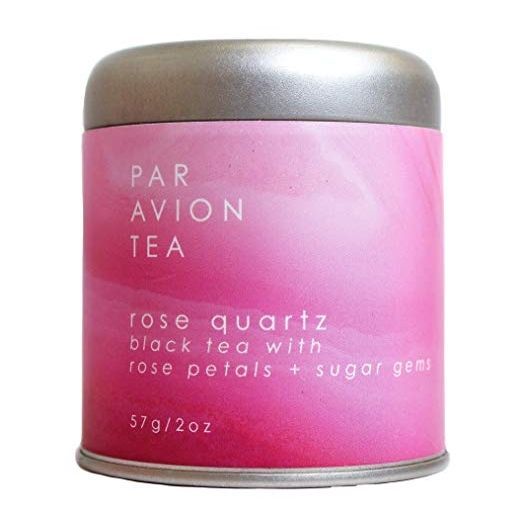 Par Avion Tea | Rose quartz black tea with rose petals + sugar gems. 57g/2oz. Silver metal tin with pink label.