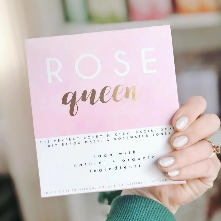 Rose Queen Kit | Honey Belle | Pink packaging with the text "The perfect rosey medley: facial soap, diy detox mask, &amp; rosewater toner. Made with natural + organic ingredients."