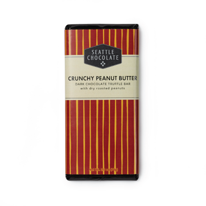 Seattle Chocolate - Crunchy Peanut Butter - Dark chocolate truffle bar with dry roasted peanuts. Red and yellow striped packaging.