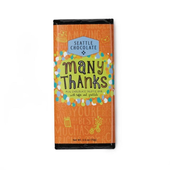 Seattle chocolate bar - Many Thanks - Milk chocolate bar with toffee and gratititude. Orange packaging with black edges.
