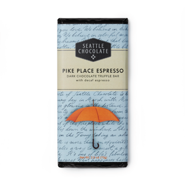 Seattle Chocolate - Pike Place Espresso - Dark chocolate truffle bar with decaf espresso. Package decorated with orange umbrella on blue background with hand written decorative text.
