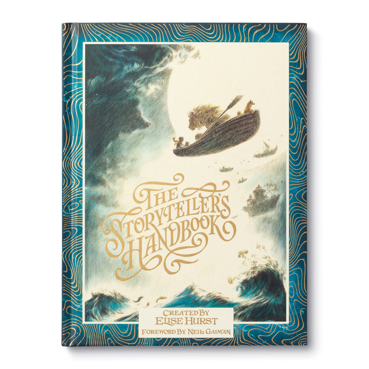 The Storyteller's Handbook | A Beautifully illustrated cover featuring and ocean with a row boat flying through the sky. Inside the boat there is a child, a lion, and a fox.