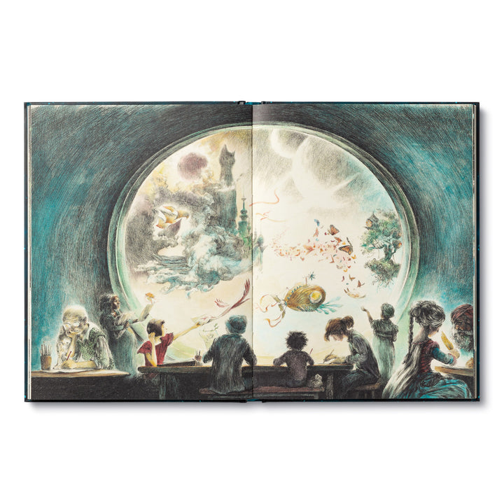 The Storyteller's Handbook | Open book spread showing people sitting at tables drawing with a large circular window opening to a whimsical outside world.
