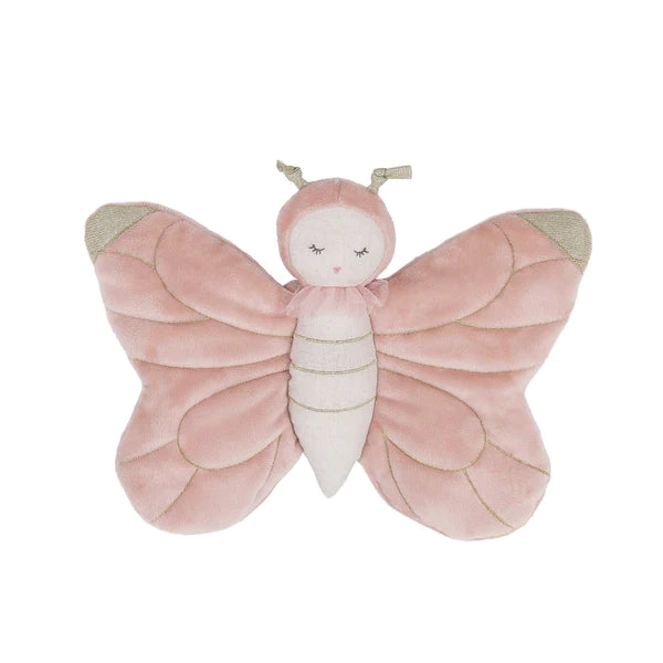 Butterfly Stuffed Toy | Pink butterfly plush with closed eyes and open wings, pink tool around the neck creating a soft collar. Photo taken against a white background.