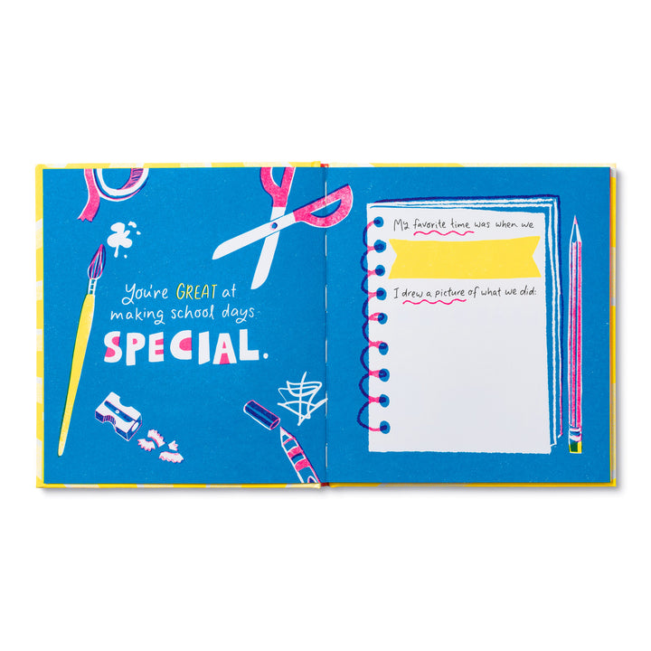 Teacher I Made You A Book | Open book spread with blue pages that have illustrations of art supplies on them and text that reads " You're great at making school days special.".