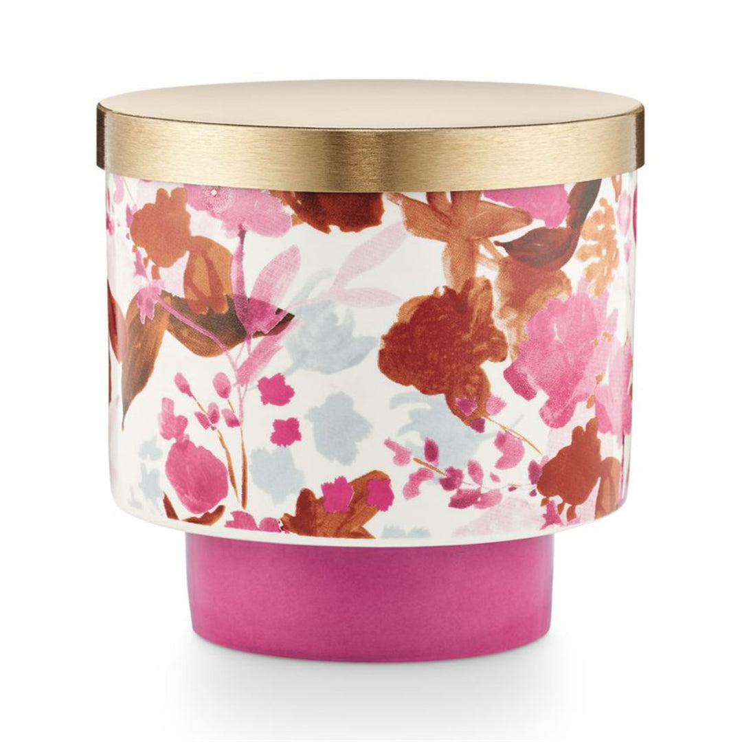 Go Be Lovely Lidded Ceramic Candle - gold lid with pink floral design.