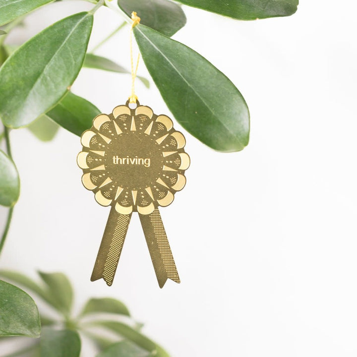 Plant Awards | "thriving" award, a celebratory decoration for planting achievements. A miniature brass rosette with a gold string. Pictured hanging off a plant stem against a mint green wall.