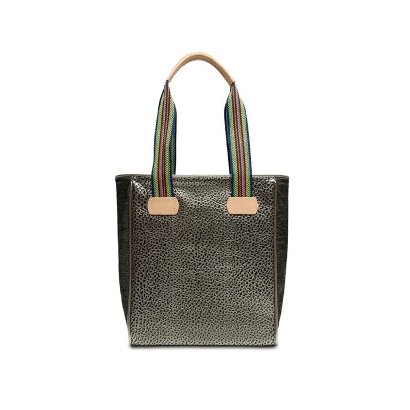 Tommy Chica Tote | Consuela | A gold and black textured tote with a multi colored handle and Diego leather accents.