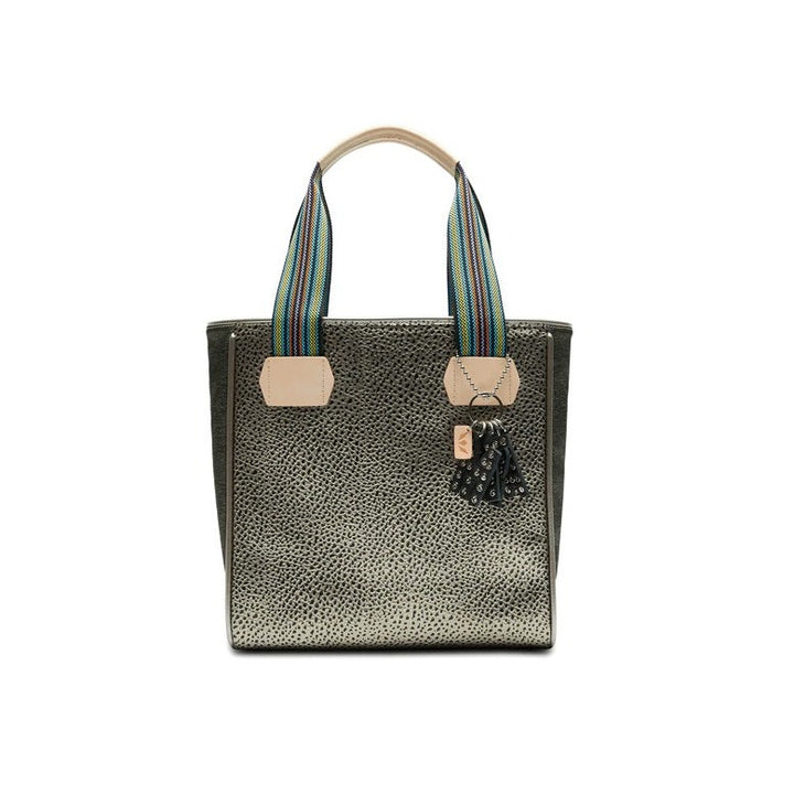 Tommy Classic Tote | Consuela | A gold and black textured tote with nude accents and a multi color handle.