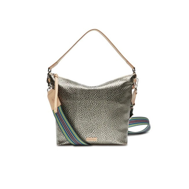 Tommy Hobo | Consuela | A gold and black textured bag with nude accents and a multi color crossbody strap.
