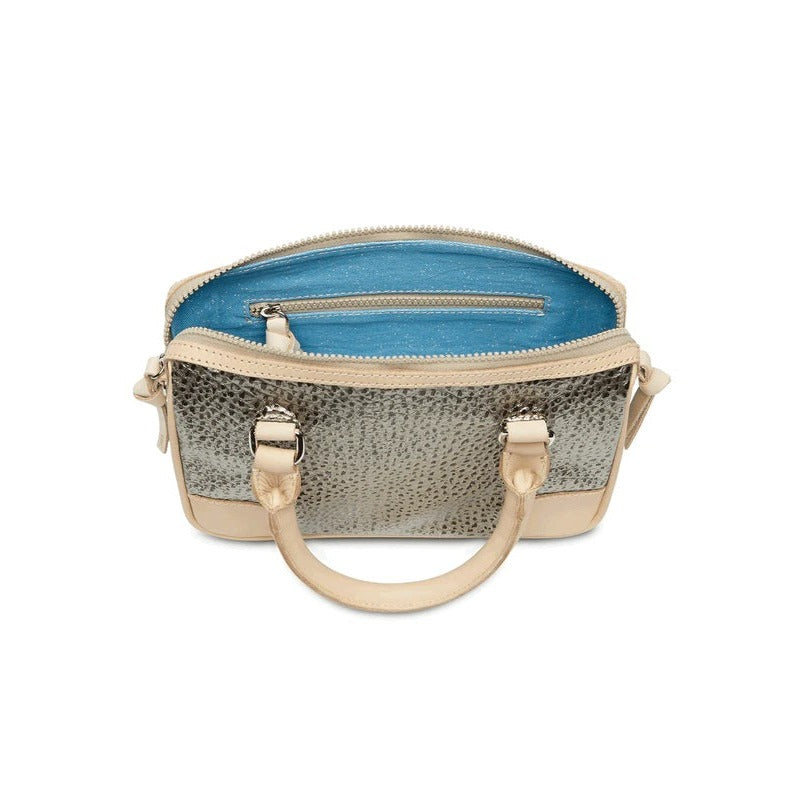 Tommy Luncheon | Consuela | A gold and black textured bag opened up to reveal a sparkly blue interior with a zipper pocket.
