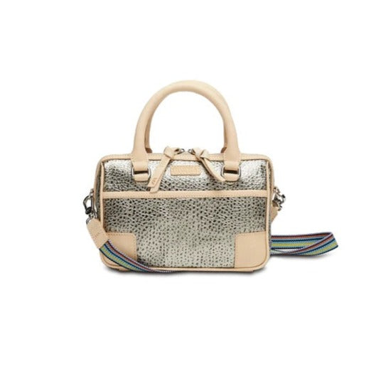 Tommy Luncheon | Consuela | A gold and black textured handbag with nude accents and a multicolor crossbody strap.
