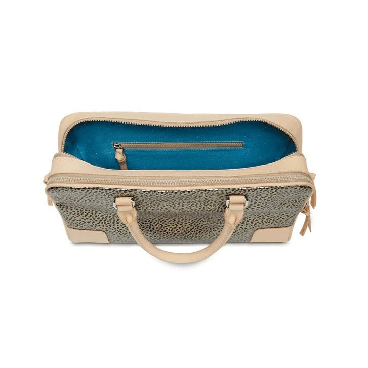 Tommy Satchel | Satchel unzipped to show blue interior with zipper pocket.
