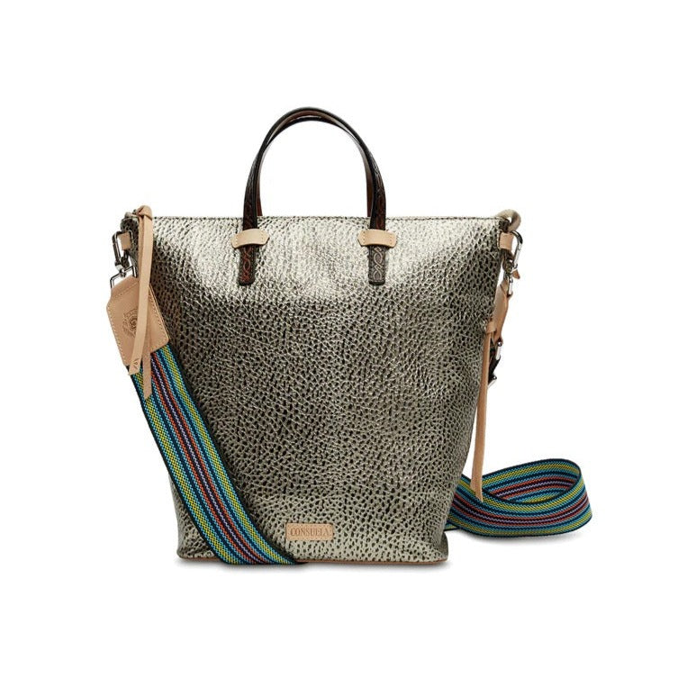 Tommy Sling | Consuela | A black and gold textured bag with nude accents and a multicolor crossbody strap.