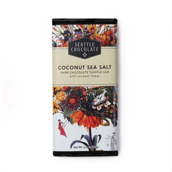 Seattle Chocolate - Coconute Sea Salt Dark Chocolate Truffle Bar with Coconut Flakes. Colorful floral packaging, photo taken on white background.