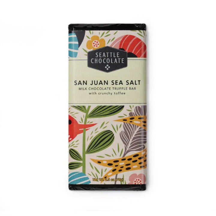 Seattle Chocolate Bar - Sand Juan Sea Salt - Milk Chocolate Truffle Bar with Crunchy Toffee. Package decorated with colorful floral design.