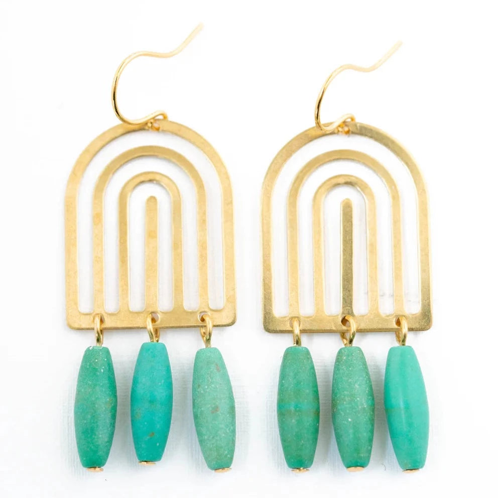 Turquoise Arch Earrings | Gold plated arch shaped earrings with 3 dangling turquoise beads on each.