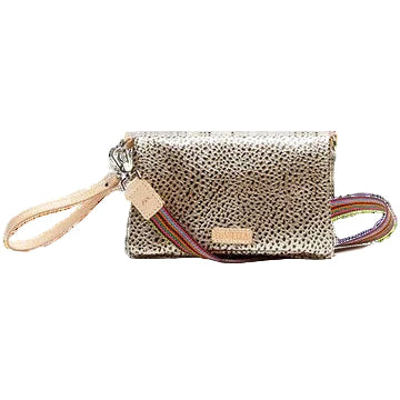 Uptown Crossbody Bags | Consuela | A textured gold and black bag with nude accents and multi color strap.