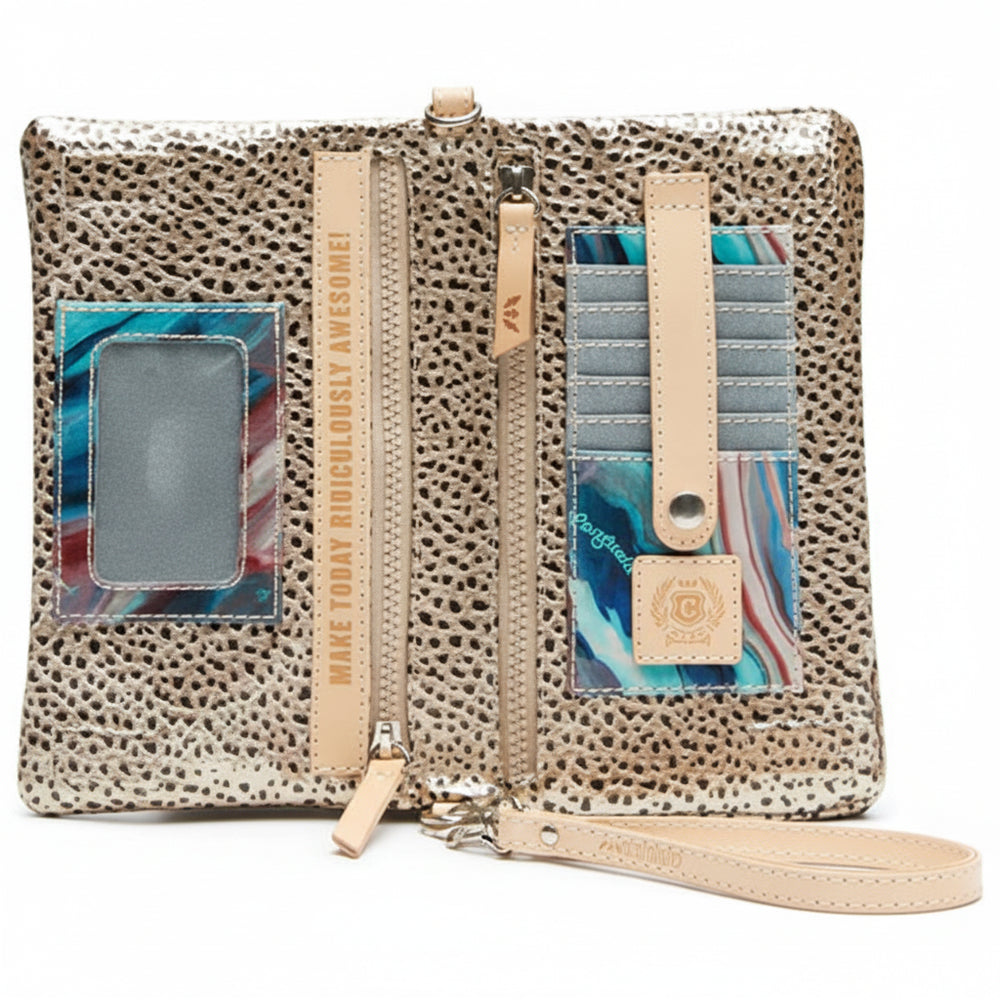 Uptown Crossbody Bags | Open bag image showing multi color marbled cards organizer, nude accents, and text that reads "Make Today Ridiculously Awesome."