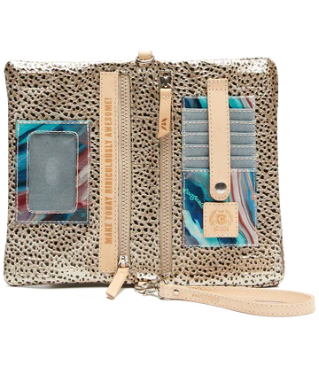 Uptown Crossbody Bags | Open bag image showing multi color marbled cards organizer, nude accents, and text that reads "Make Today Ridiculously Awesome."