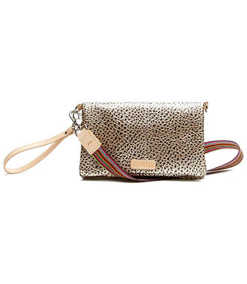 Uptown Crossbody Bags | Consuela | A textured gold and black bag with nude accents and multi color strap.