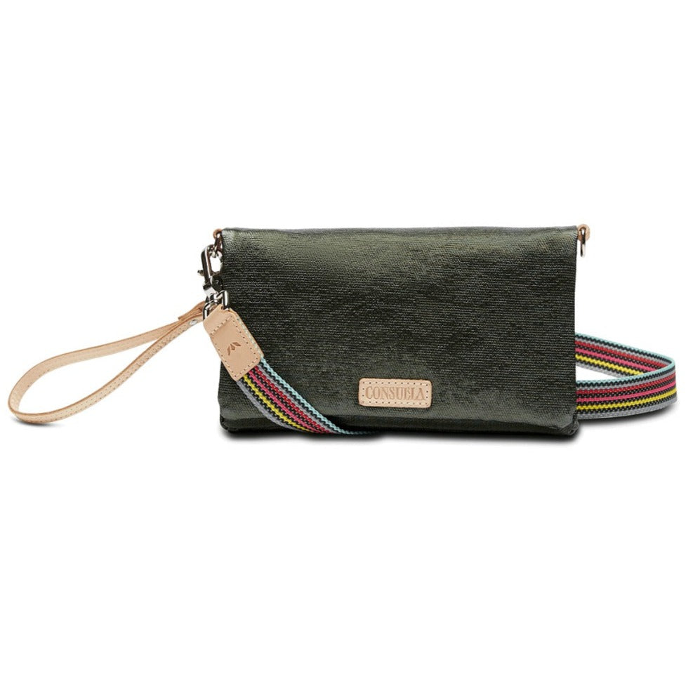Zack Uptown Crossbody Bag | Consuela | A shimmering green bag with nude accents and a multi-color strap.