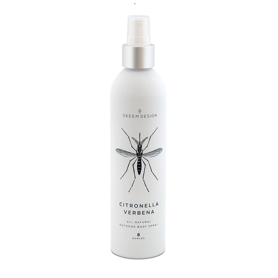 Citronella Verbena | Natural Outdoor Body Spray | A simple off white spray bottle with a mosquito illustration on it. Reads " Skeem Design, citronella verbena, all natural outdoor body spray, 8 ounces.