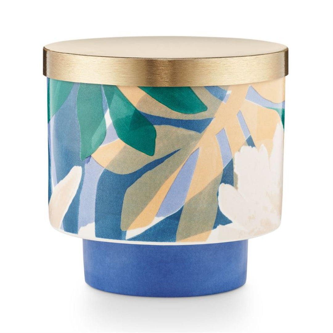 Go Be Lovely Lidded Ceramic Candle - Blue, Green,Yellow and white decorative floral design.