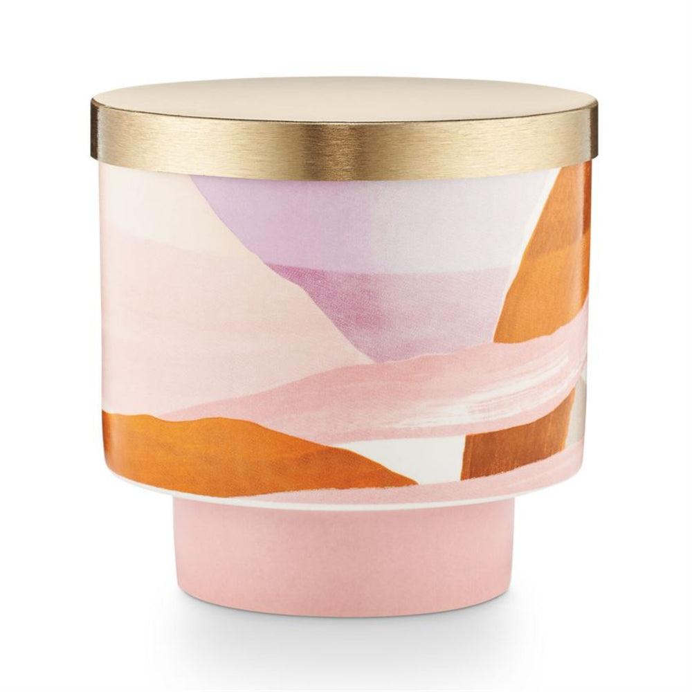 Go Be Lovely Lidded Ceramic Candle - Gold, pink, orange, and peach, abstract landscape decorative pattern.