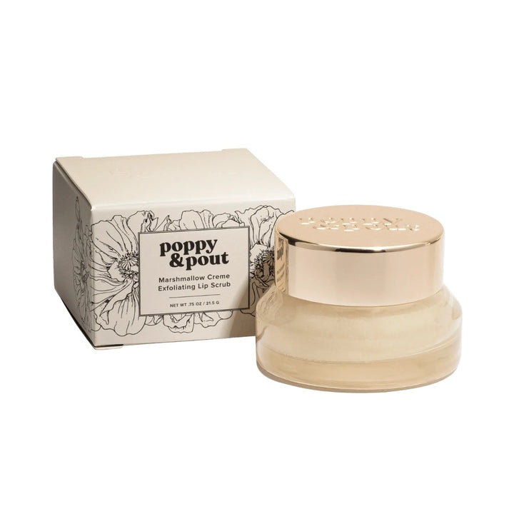 Poppy & Pout Exfoliating Lip Scrub | Off white packaging with black line floral pattern. Lip Scrub container is an off white with a metal lid.