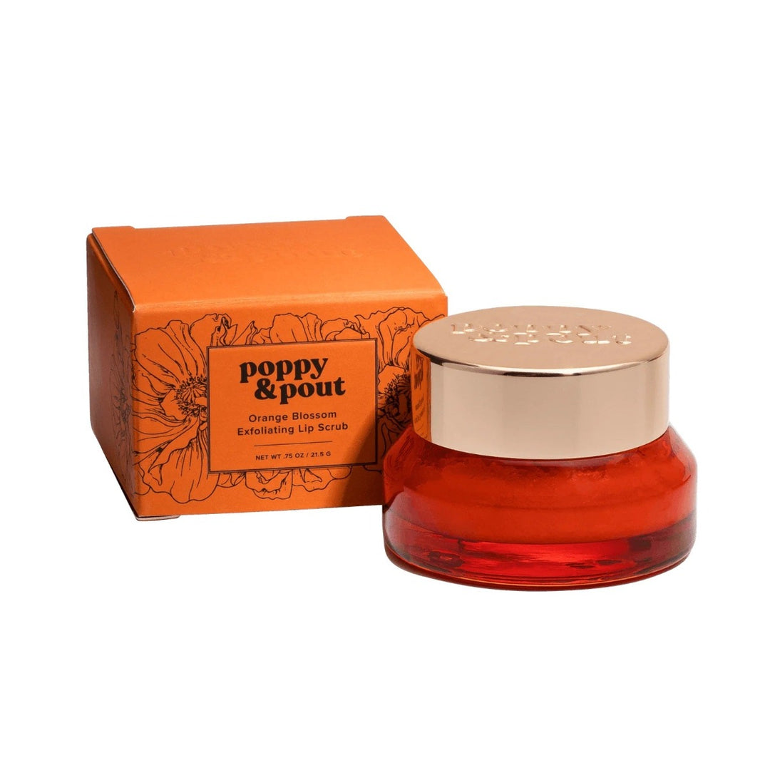 Poppy & Pout Exfoliating Lip Scrub | Orange packaging with black line floral pattern. Lip Scrub container is orange with a metal lid.