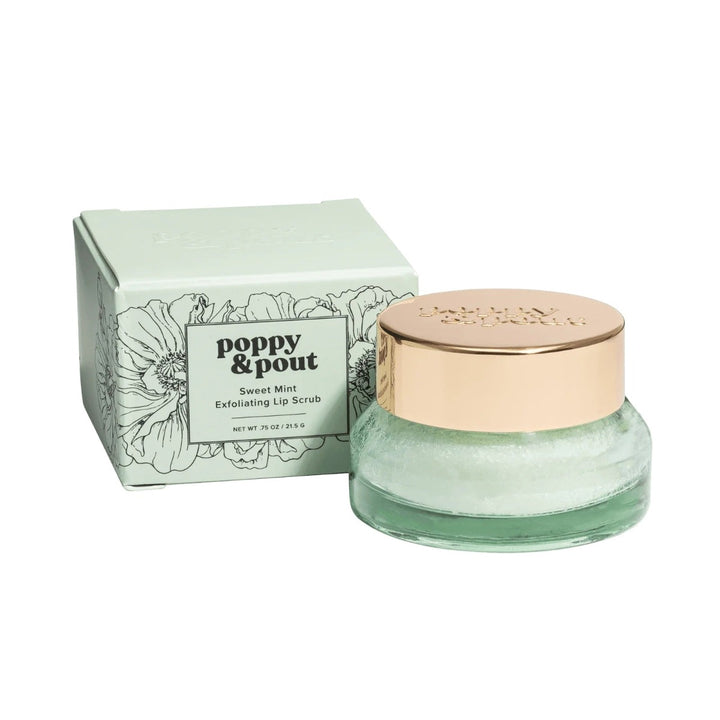 Poppy & Pout Exfoliating Lip Scrub | Mint Green packaging with black line floral pattern. Lip Scrub container is Mint Green with a metal lid.