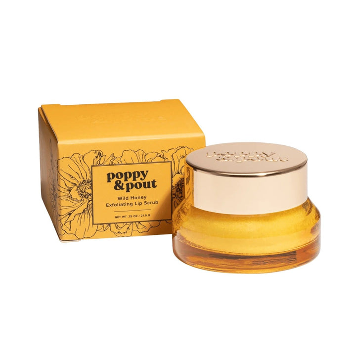 Poppy & Pout Exfoliating Lip Scrub | Yellow packaging with black line floral pattern. Lip Scrub container is yellow with a metal lid.